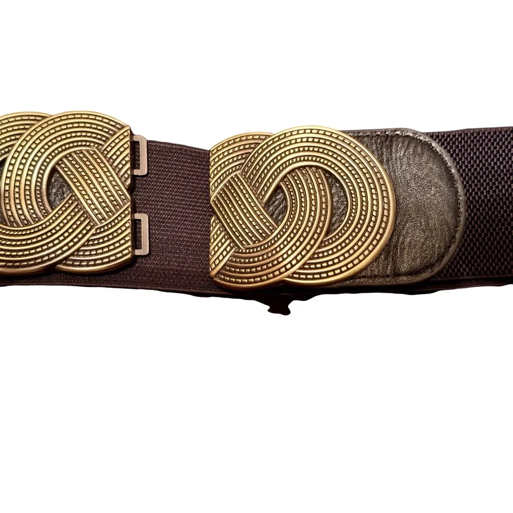 Womens Wide Elastic‎ Cinch Belt Antique Gold Infinity Knot Buckle Brown Boho XL